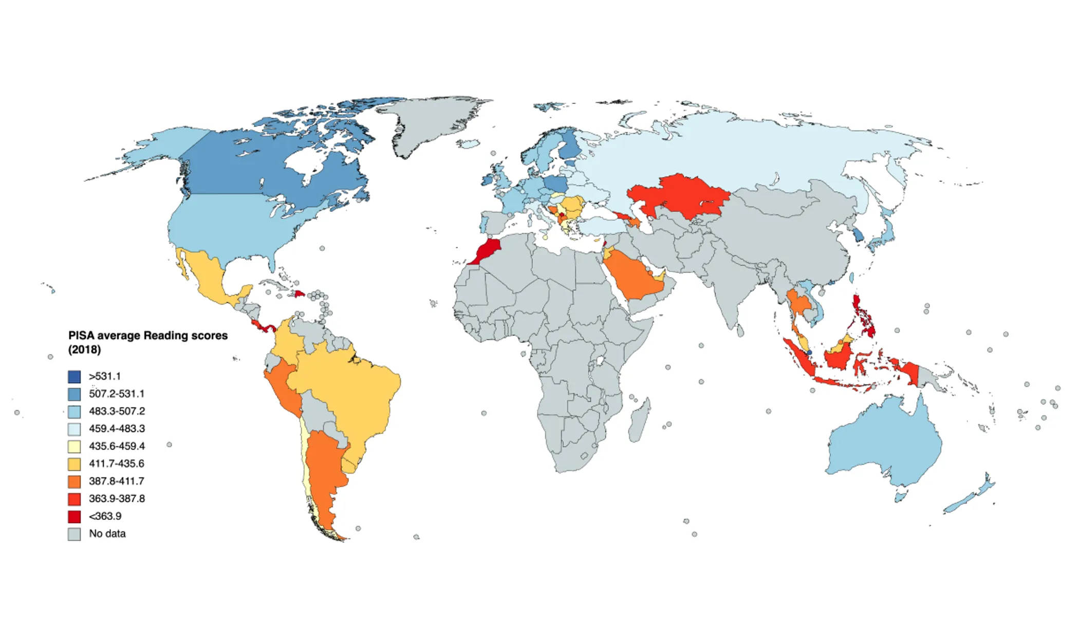 PISA average Reading scores in 2018 (Source: Wikimedia Commons/GaiusAD)