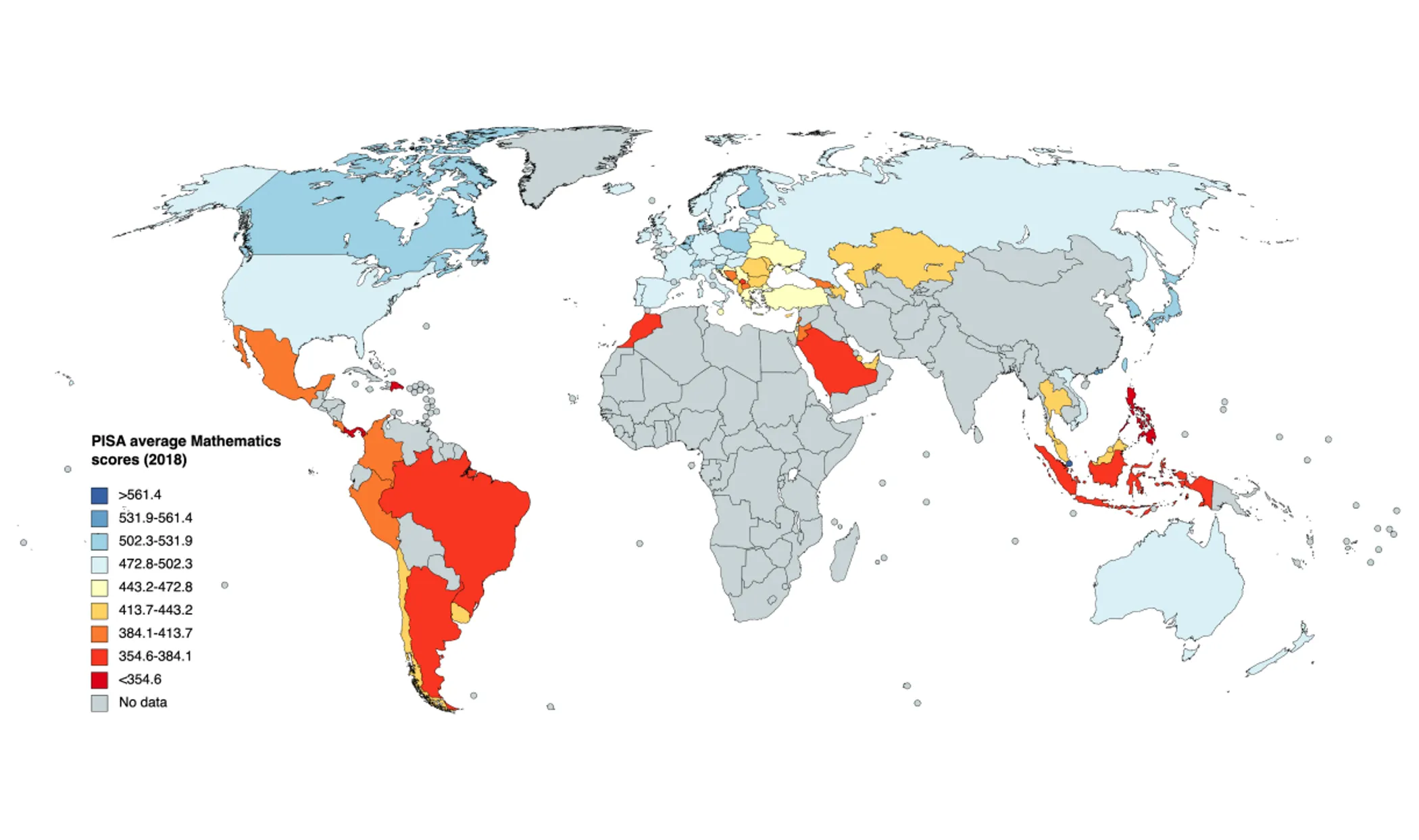 PISA average Mathematics scores in 2018 (Source: Wikimedia Commons/GaiusAD)