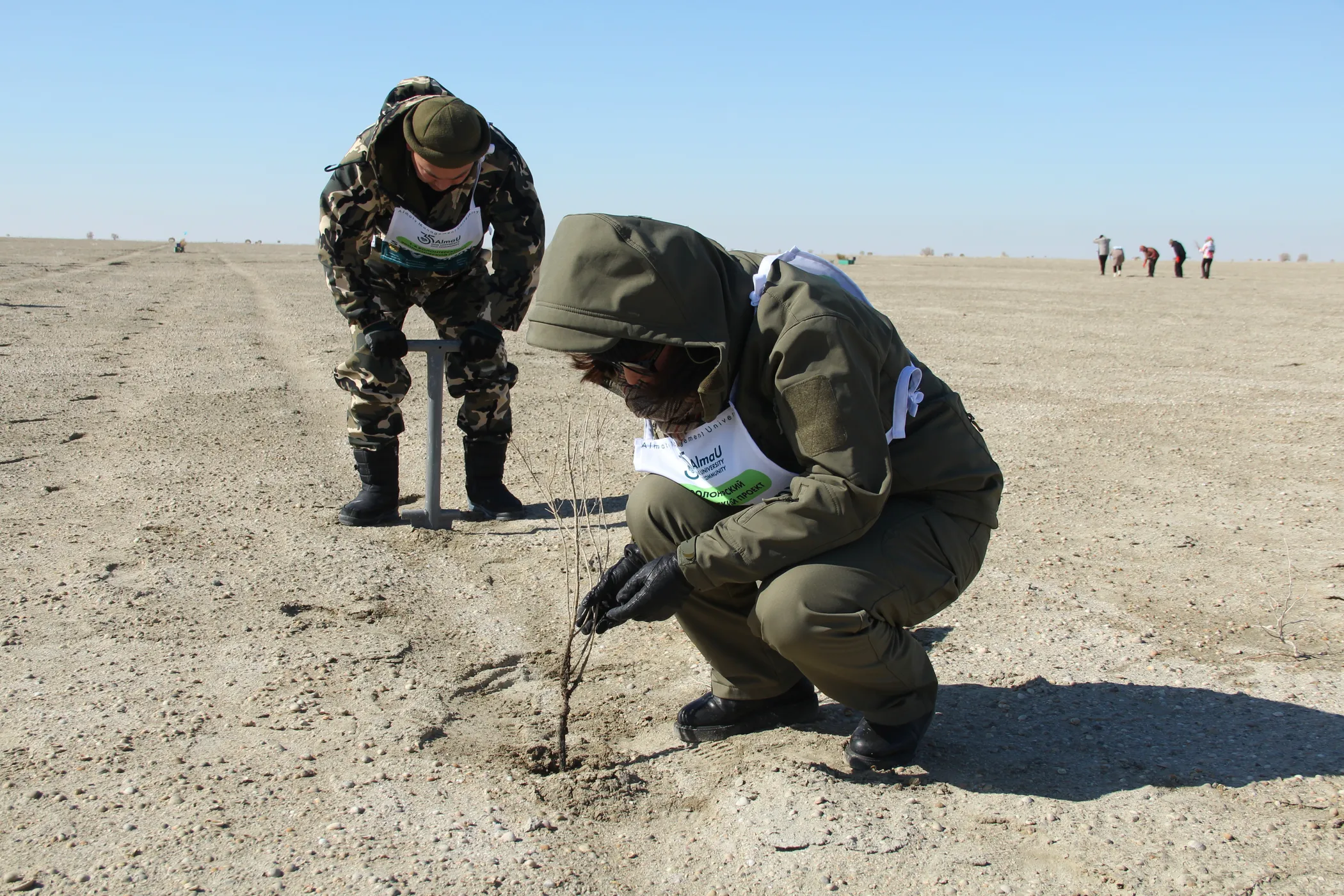 People in Science: "Scientist Maria Zadneprovskaya participates in planting saxaul on the dry bed of the Aral Sea" by Igor Ulitin