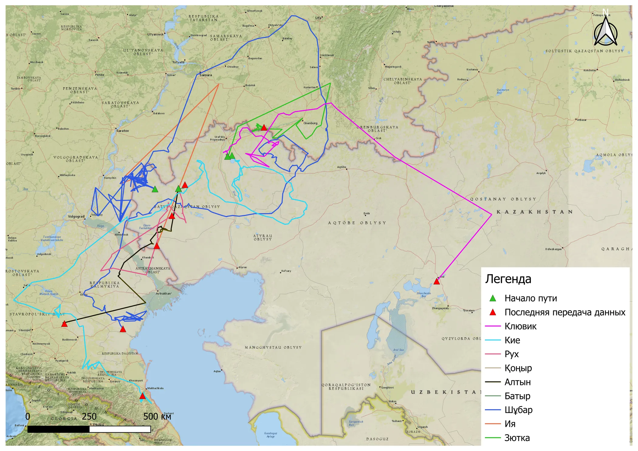 <b><span style="font-size: 10pt; font-family: Arial, sans-serif; color: rgb(0, 0, 0); background-color: transparent; font-weight: 400; font-style: italic; font-variant-numeric: normal; font-variant-east-asian: normal; font-variant-alternates: normal; font-variant-position: normal; font-variant-emoji: normal; vertical-align: baseline; white-space-collapse: preserve;"><font dir="auto" style="vertical-align: inherit;"><font dir="auto" style="vertical-align: inherit;">Сурет 1. 2025 г. жылы белгіленген дала қырандарының миграциисы</font></font></span></b>